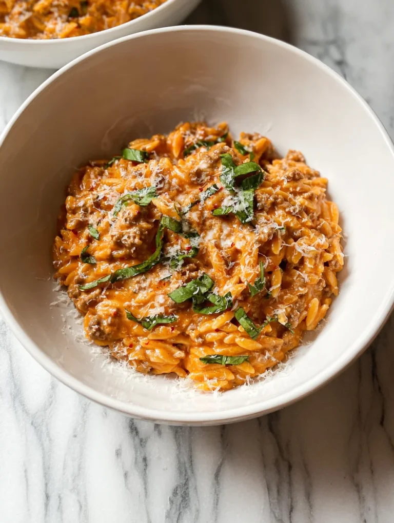 Ground Beef Orzo with Tomato Cream Sauce