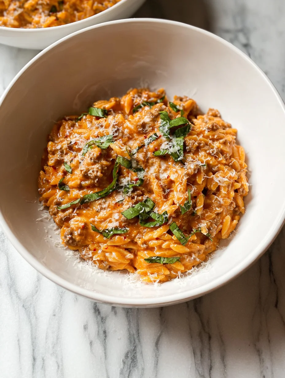 Ground Beef Orzo with Tomato Cream Sauce