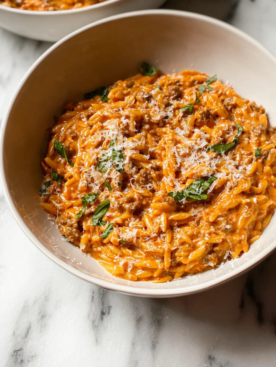 Ground Beef Orzo with Tomato Cream Sauce