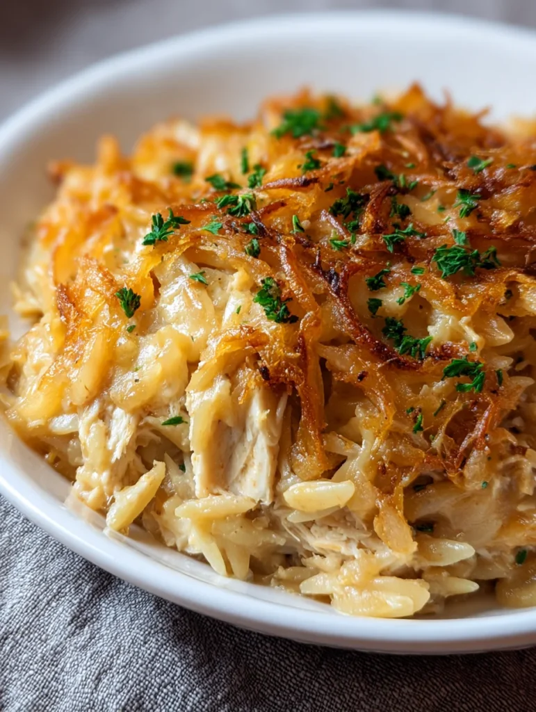 French Onion Chicken Orzo Casserole