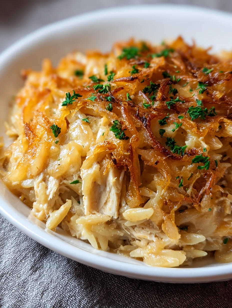 French Onion Chicken Orzo Casserole