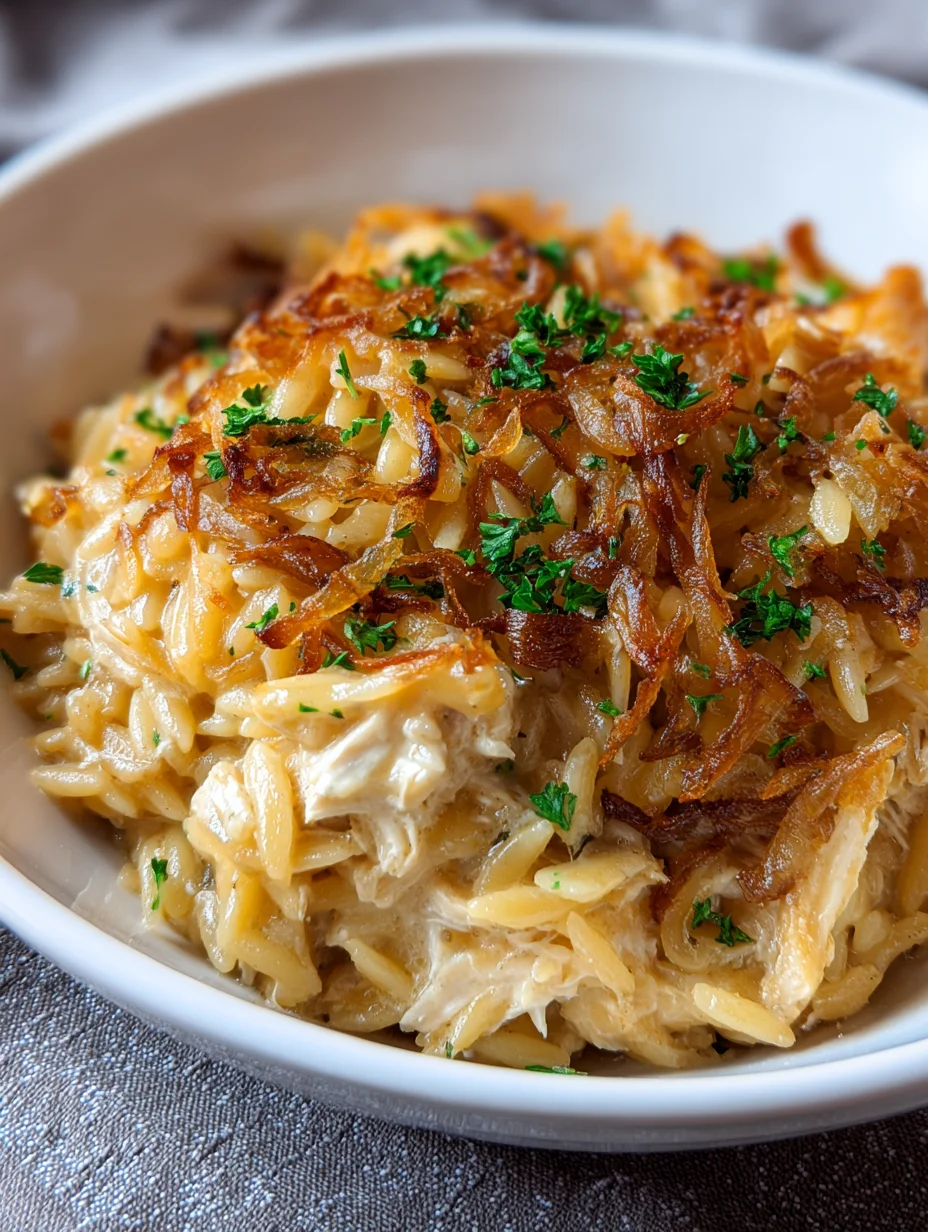 French Onion Chicken Orzo Casserole
